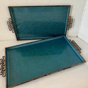 Mid-Century Moire Glaze Kyes Serving Tray Teal Gold
